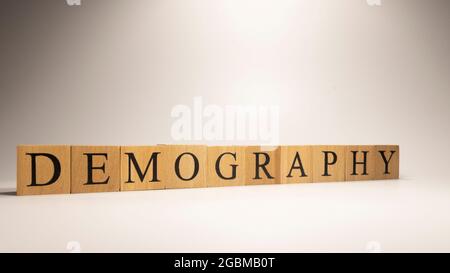 Demographie Name aus Holzbuchstabenwürfeln erstellt. Wirtschaft und Finanzen. Nahaufnahme. Stockfoto