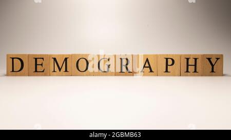 Demographie Name aus Holzbuchstabenwürfeln erstellt. Wirtschaft und Finanzen. Nahaufnahme. Stockfoto