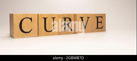 Der Name Curve wurde aus hölzernen Buchstabenwürfeln erstellt. Wirtschaft und Finanzen. Nahaufnahme. Stockfoto