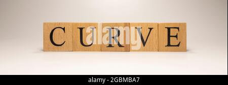 Der Name Curve wurde aus hölzernen Buchstabenwürfeln erstellt. Wirtschaft und Finanzen. Nahaufnahme. Stockfoto