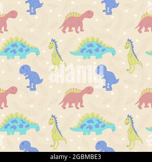 Nahtloses Vektormuster mit Dinosauriern und Blättern. Niedliche handgezeichnete Dinosaurier. Stock Vektor
