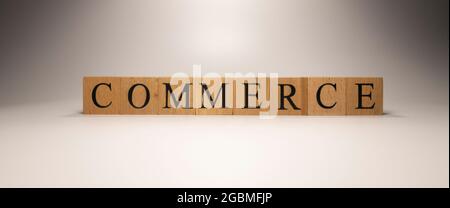 Der Name Commerce Policy wurde aus hölzernen Buchstabenwürfeln erstellt Stockfoto