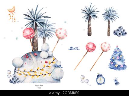 Aquarellsatz. Symbol des neuen Jahres 2022. Aquarell handgezeichnete Winterpalme, l. Weihnachtsfeier Dekoration. chinesischer Kalender, Einladungskarte. Stockfoto