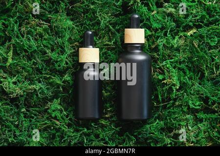 Schwarze Tropfflaschen mockup auf Mooshintergrund. Flach liegend, Draufsicht. Pflanzliches kosmetisches, natürliches organisches Beauty-Produkt, ätherisches Öl Verpackungsdesign. Stockfoto