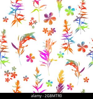 Regenbogen hinterlässt nahtlosen Hintergrund. Druck für Stoff mehrfarbige Blumen. Gemischte Medien. Vektorgrafik Stock Vektor