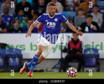 Leicester, England, 4. August 2021. Jamie Vardy von Leicester City während des Vorsaison-Freundschaftsspiel im King Power Stadium, Leicester. Bildnachweis sollte lauten: Darren Staples / Sportimage Stockfoto