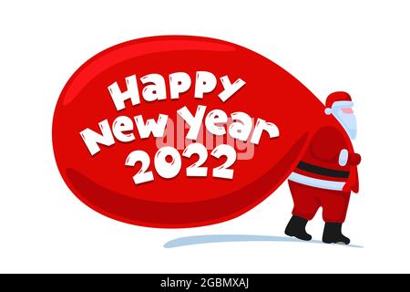 Santa Claus Cartoon-Figur kommen und trägt große riesige schwere Geschenke rote Tasche. Weihnachten und ein glückliches neues Jahr 2022 Weihnachtskarte. Vektor flache Feier Poster Illustration Stock Vektor
