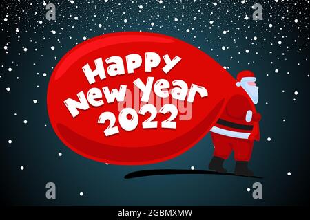 Santa Claus Cartoon-Figur kommen und trägt große riesige schwere Geschenke rote Tasche. Weihnachten und glückliches neues Jahr 2022 Inschrift Feiertag Grußkarte. Vektor flache Feier Poster Illustration Stock Vektor