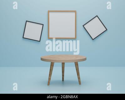 Abstrakte minimale Szene mit geometrischen Formen. Runde Holztisch mit Fotorahmen Hintergrund Präsentation mockup. 3d-Rendering, 3d-Illustration Stockfoto