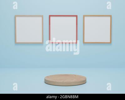 Geometrische Form Holz Podium auf blauem Hintergrund. Plattformen für Produktpräsentation, Bildrahmen-Hintergrund nachahmen. Abstrakte Komposition in minimal Stockfoto