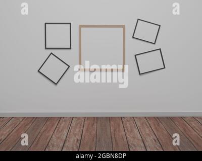 Leeres Zimmer und Holzboden auf dem weißen Wandhintergrund, Mock Up Bilderrahmen minimales Innendesign. 3D-Rendering 3D-Illustration Stockfoto