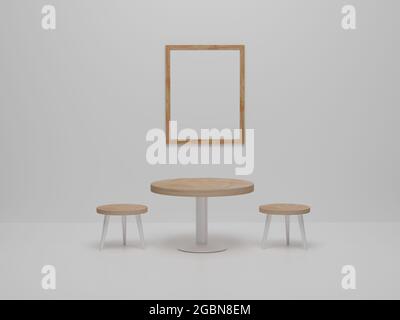 Fotorahmen im Esszimmer mit Holzstühlen und Tisch. Abstraktes, minimalistisches Design im Speisesaal. 3D-Rendering, 3D-Illustration Stockfoto