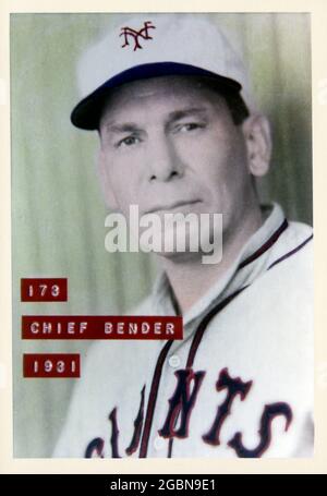 Alte Baseballkarte/Foto von Chief Bender, einem indianischen Spieler, der 1931 mit den New York Giants fotografiert wurde. Stockfoto