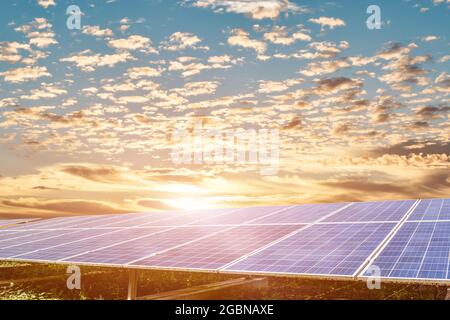 Photovoltaik-Module Paneele bei Sonnenuntergang Himmel Hintergrund. Solarzellen, die Strom erzeugen. Energieumweltkonzept der Zukunft. Stockfoto