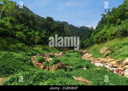 Schöne Aussicht auf die grünen Berge und eine kleine Kaskade Wasserfälle. Stockfoto