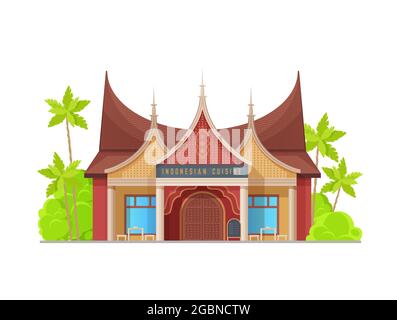 Indonesische Küche Restaurant Gebäude, Vektor typisch asiatische Architektur Fassade. Außenansicht des National Food Cafe Hauses in roten und goldenen Farben. Traditiona Stock Vektor