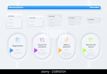 Schaltflächen der neomorphen Benutzeroberfläche, Such- und Switcher. Webseite, Design-Elemente für mobile Apps, Vektorregistrierung, Zahlungs- und Lieferungs-Widgets BU Stock Vektor