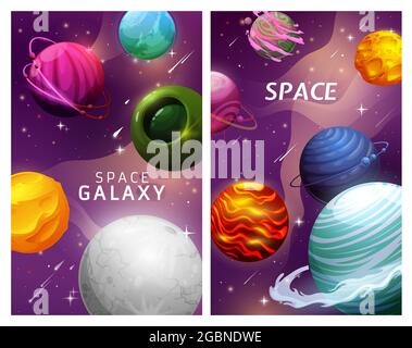Cartoon Weltraum-Planeten und Sterne Landschaft Galaxie mit Astroiden, Vektor-Fantasy-Plakate. Galaxien- und Weltraumplaneten im Universum, Meteoriten und Kometen c Stock Vektor