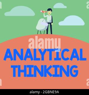 Inspiration zeigt Zeichen Analytisches Denken. Überblick über das Geschäft Aufteilen komplexer Probleme in einfache Komponenten man Fernglas Illustration Stockfoto