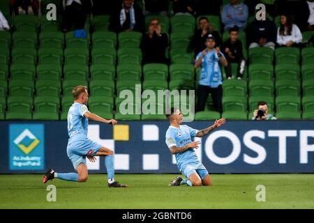 MELBOURNE, AUSTRALIEN - 26. MÄRZ: Jamie Maclaren aus Melbourne City feiert am 26. März 2021 im AAMI Park in Melbourne, Australien, das Fußballspiel der Hyundai A-League zwischen dem FC Melbourne City und dem Western Sydney Wanderers FC. Kredit: Dave Hewison/Speed Media/Alamy Live Nachrichten Stockfoto