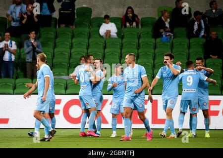 MELBOURNE, AUSTRALIEN - 26. MÄRZ: Melbourne City feiert am 26. März 2021 im AAMI Park in Melbourne, Australien, das Fußballspiel der Hyundai A-League zwischen dem FC Melbourne City und dem Western Sydney Wanderers FC. Kredit: Dave Hewison/Speed Media/Alamy Live Nachrichten Stockfoto