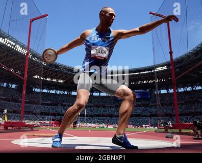 Tokio, Japan. August 2021. Karel Tilga aus Estland tritt bei den Olympischen Spielen 2020 in Tokio, Japan, am 5. August 2021 beim Diskus-Wurf der Männer im Zehnkampf an. Quelle: Wang Lili/Xinhua/Alamy Live News Stockfoto