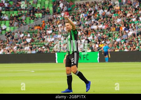 04. August 2021: Austin FC Matt Besler Defender (05) im Einsatz während des MLS-Spiels gegen den Houston Dynamo im Q2 Stadium. Austin, Texas. Mario Cantu/CSM Stockfoto