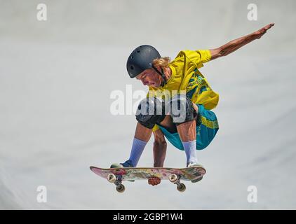 5. August 2021: Keegan Palmer gewinnt Gold beim Men's Park Skateboard bei den Olympischen Spielen im Ariake Urban Park, Tokio, Japan. Kim Price/CSM Stockfoto