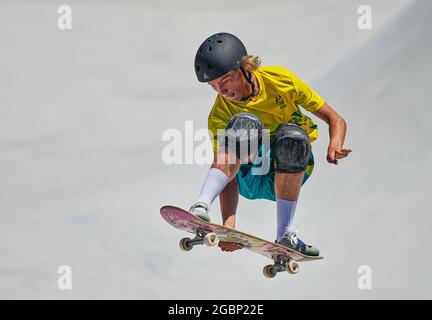 5. August 2021: Keegan Palmer gewinnt Gold beim Men's Park Skateboard bei den Olympischen Spielen im Ariake Urban Park, Tokio, Japan. Kim Price/CSM Stockfoto