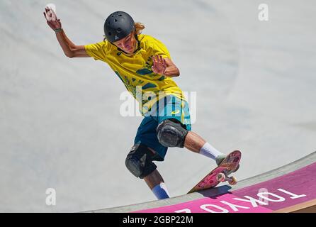 5. August 2021: Keegan Palmer gewinnt Gold beim Men's Park Skateboard bei den Olympischen Spielen im Ariake Urban Park, Tokio, Japan. Kim Price/CSM Stockfoto