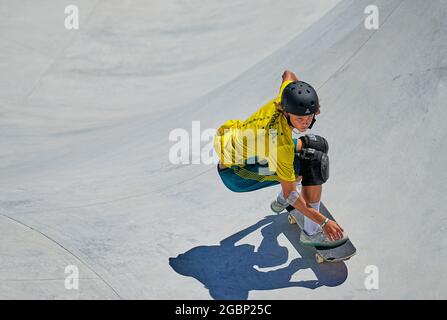 5. August 2021: Keegan Palmer gewinnt Gold beim Men's Park Skateboard bei den Olympischen Spielen im Ariake Urban Park, Tokio, Japan. Kim Price/CSM Stockfoto