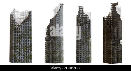 Sammlung von zerstörten Wolkenkratzern, hohen post-apokalyptischen Gebäuden isoliert auf weißem Hintergrund Stockfoto