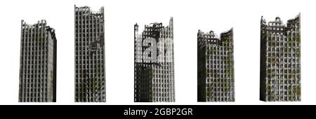 Einstellen der verfallenen Wolkenkratzer, hohen post-apokalyptischen Bauten auf weißem Hintergrund Stockfoto