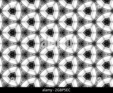 Symmetrisches geometrisches schwarz-weißes strukturiertes Kaleidoskop-Muster. Nahtloses abstraktes Ornament für Designkonzepte, Poster, Tapeten, Präsentationen und Ausdrucke. Stock Vektor