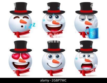Schneemann Smiley Zeichen Vektor gesetzt. Schneemann 3d Smileys Charakter in niedlichen Gesichtsausdruck wie Trinken, Unliebe, Kälte und schlafen für Weihnachten Winter. Stock Vektor