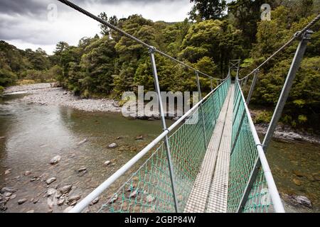 Swingbridge über den Tauherenikau River, Tararua Forest Park, Neuseeland Stockfoto