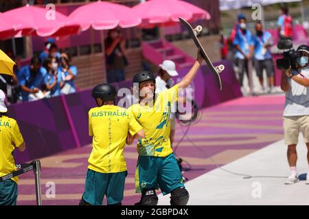 Keegan PALMER (AUS) feiert Goldmedaille, 5. AUGUST 2021 - Skateboarding : Men's Park Final während der Olympischen Spiele in Tokio 2020 im Ariake Sports Park Skateboarding in Tokio, Japan. Quelle: AFLO SPORT/Alamy Live News Stockfoto