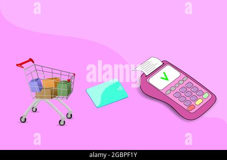 Kontaktloses Bezahlen per Kreditkarte NFC-Technologie Kommunikationskonzept, Warenkorb.Vektor Stock Vektor