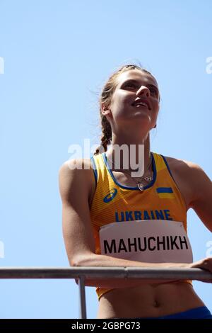 5. August 2021; Olympiastadion, Tokio, Japan: Tag der Olympischen Sommerspiele 13 in Tokio 2020; Frauen-Heptathlon, Hochsprung, MAHUCHIKH Yaroslava aus der Ukraine Stockfoto