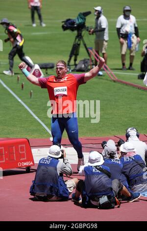 5. August 2021; Olympiastadion, Tokio, Japan: Tag der Olympischen Sommerspiele 13 in Tokio 2020; Endspiel der Mens-Schüsse. CROUSER Ryan aus den USA wirft einen neuen olympischen Rekord von 23.30, um die Veranstaltung und die Goldmedaille zu gewinnen Stockfoto