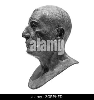 Kopie der antiken Statue Lucius Caecilius Iucundus. Kopf- und Schulterdetail der antiken Mann-Skulptur. Antike Gesichtsstatue isoliert auf weiß Stockfoto