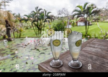 Zwei Gläser Limettenkürbis auf dem Tisch in der Nähe eines Seerosenteiches. Bali, Indonesien. Stockfoto