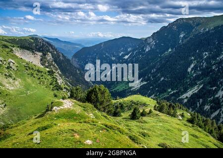 Fontalba Way. Berge auf dem Weg von Queralbs nach Núria Sanctuary im Sommer Ripollès, Girona Katalonien Spanien, Pyrenäen Stockfoto