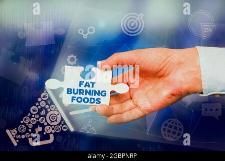 Textschild mit Fat Burning Foods. Internet-Konzept produzieren Fettabbau durch die Stimulierung des Stoffwechsels, um den Appetit zu reduzieren Hand Halten Puzzle Stück Stockfoto