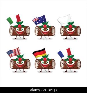 Kuchen Zimt Rolle weihnachten Cartoon-Figur bringen die Flaggen der verschiedenen Länder. Vektorgrafik Stock Vektor