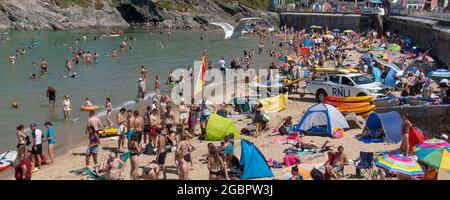 Ein Panoramabild des Towan Beach, der von Sommerurlaubern in Newquay in Cornwall überfüllt ist. Stockfoto