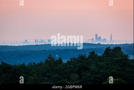 Von der Spitze des Leith Hill auf den Surrey Hills im Südosten Englands aus hat man einen Blick in die Londoner Skyline im Morgengrauen während des Sonnenaufgangs im Juli Stockfoto