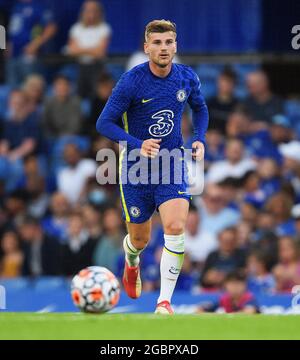 London, Großbritannien. August 2021. 04. August 2021 - Chelsea gegen Tottenham Hotspur - vor der Saison freundlich - Stamford Bridge Timo Werner von Chelsea während des Spiels in Stamford Bridge, London. Bildnachweis: Kredit: Mark Pain/Alamy Live Nachrichten Stockfoto