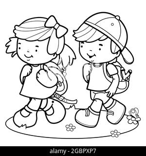 Kinder gehen zur Schule. Schwarz-Weiß-Malseite. Stockfoto