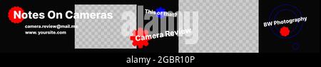 Creative Header für Ihren Kamera-Review-Kanal auf der Videoplattform. Editierbares Poster mit transparentem Hintergrund. Hinweise zu Kameras. Vektorgrafik Stock Vektor